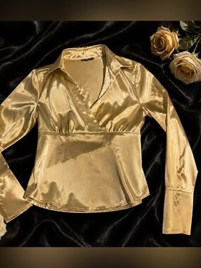 I.N. San Francisco Gold Satin Wrap Blouse